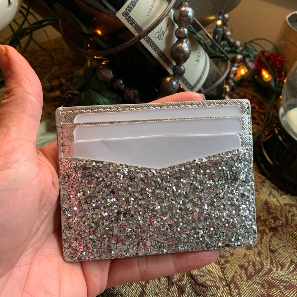 Authentic KATE SPADE Metallic leather/glitter fabric crystals card case - Picture 7 of 11
